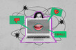 © deagreez - Creative magazine poster collage of scared influencer lady blogging suffer hate speech message social network