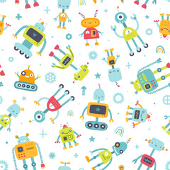 Wall Mural - cute pattern with diverse colorful robots for kids. seamless funny vector print for baby textile and