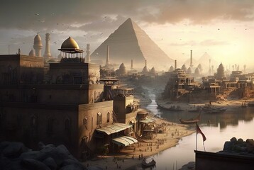 ancient egypt desert landscape with pyramid and architecture with high technology things, idea for l