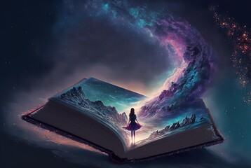 Sticker - a girl stand on a giant book opened on ground with fairytale nature pop out from paper page, idea for imagination of childhood theme background wallpaper, Generative Ai