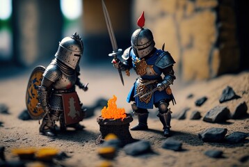 two cute miniature soldiers at campfire, Generative Ai