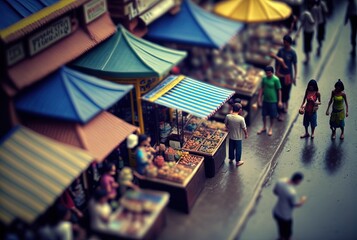 blurred market,  miniature style inspired from Thai local marketplace, idea for travel or tourism background wallpaper Generative Ai