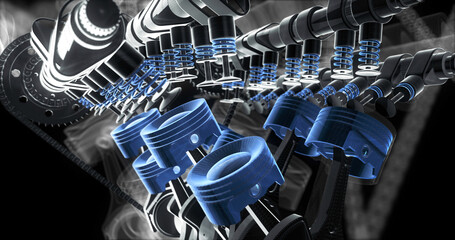 Leinwandbilder - V8 Engine Pistons Moving Up And Down. Crankshaft In Motion. Machines And Industry Related 3D Illustration Render.
