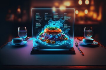 illustration of futuristic restaurant with hologram or smart panel interface for customer to use, Generative Ai