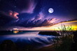   night at sea starry sky and moon on dramatic clouds sea water wave and stones on horizon blurred city light