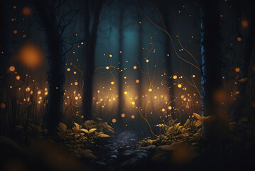 Wall Mural - Tropical and exotic night forest,Fairytale forest with mystical magic lights. Living greenery of the forest background environment,generative ai.