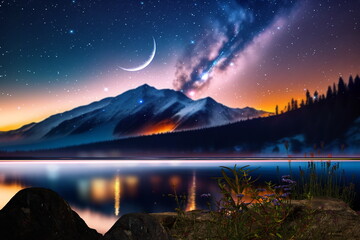 Wall Mural - night at sea starry sky and moon on dramatic clouds sea water wave and stones on horizon blurred cit