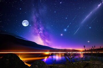 Wall Mural - night at sea starry sky and moon on dramatic clouds sea water wave and stones on horizon blurred cit