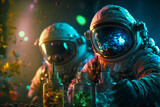 Fototapeta Kosmos - astronauts with space helmets working in lab