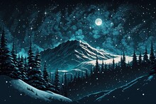 Forest On A Mountain Ridge Covered With Snow. Milky Way In A Starry Sky. Christmas Winter Night. Generative AI