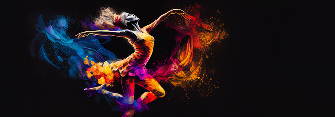 Wall Mural - Ballet dancer splash colorful illustration, black background with copy space. Generative AI