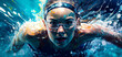 Swimming sport woman swimmer front view blue splash horizontal banner on white illustration with copy space. Generative AI graphic