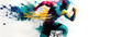 Running athletics sport man colorful splash horizontal banner on white illustration with copy space. Generative AI graphic