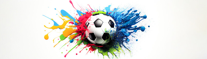 Wall Mural - Soccer ball colorful splash on white illustration sport banner with copy space. Generative AI graphic