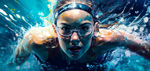 Wall Mural - Swimming sport woman swimmer front view blue splash horizontal banner on white illustration with copy space. Generative AI graphic