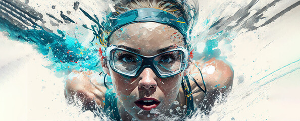 Wall Mural - Swimming sport woman swimmer front view blue splash horizontal banner on white illustration with copy space. Generative AI graphic