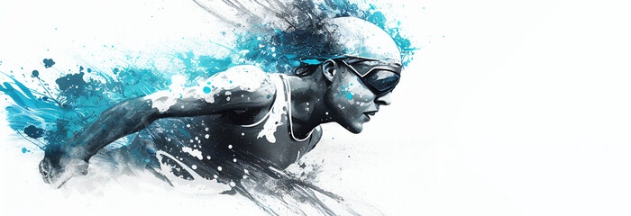 Wall Mural - Swimming sport woman swimmer blue splash horizontal banner on white illustration with copy space. Generative AI graphic