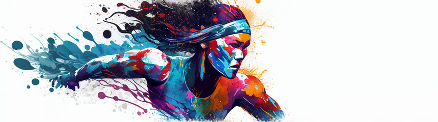 Wall Mural - Running athletics sport woman colorful splash horizontal banner on white illustration with copy space. Generative AI graphic