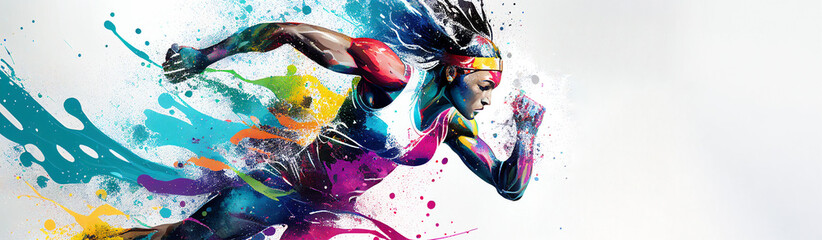 Wall Mural - Running athletics sport woman colorful splash horizontal banner on white illustration with copy space. Generative AI graphic