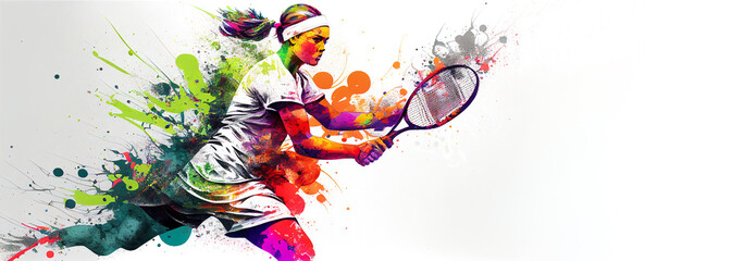 Wall Mural - Tennis sport woman player colorful splash horizontal banner on white illustration with copy space. Generative AI graphic