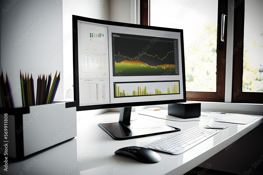 Computer workstation with stock graphs on monitor Stock Illustration ...