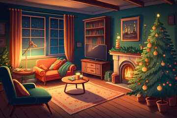 Sticker - Cozy Christmas living room with Christmas tree decorated with garland lights and gifts. Warm New Year's interior. Generative AI