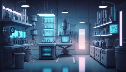 futuristic laboratory gleams with cutting-edge technology, featuring a dazzling array of computers, analyzers, and scientific apparatus.