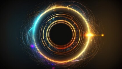 Brightly glowing abstract neon background with swirling banner. Spiral brightly shining with round light frame and glowing light circle. Space for your text covered.