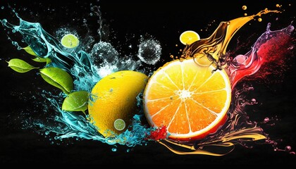  a group of oranges with splashing water around them on a black background with a splash of color on the top of the image.  generative ai