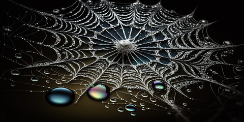Abstract spiderweb wallpaper with drops of water, Generative AI
