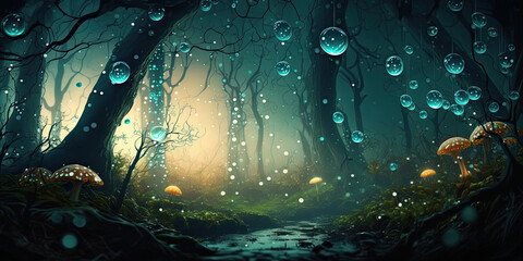 Wall Mural - water drops in a magical fantasy forest, wallpaper, Generative AI