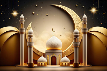 Podium stage islamic mosque tower Ramadan background Made With Generative AI