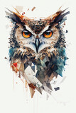 Fototapeta  - Owl Watercolor Printable Wall Art, Multicolor Geometrical Animal Artwork. Generative AI.