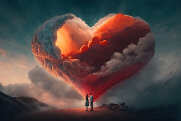 Wall Mural - Illustration of a couple kissing and a heart in a background, a valentines day concept. Generative AI.