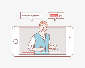 Wall Mural - vector illustration of online education. concept of video blogging. the guy is in his video blog on 