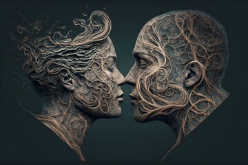  Illustration of a couple kissing and a heart in a background, a valentines day concept. Generative AI.