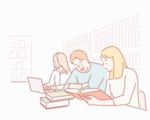 Wall Mural - People studying together. Hand drawn style vector design illustrations.