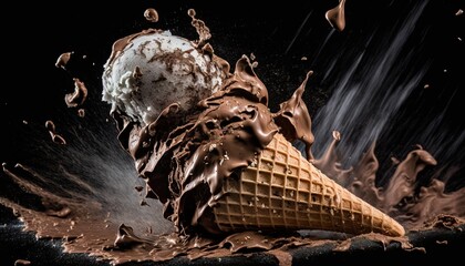 Sticker -  a chocolate ice cream cone with chocolate splashing out of the ice cream cone on top of the ice cream cone is on a black background.  generative ai