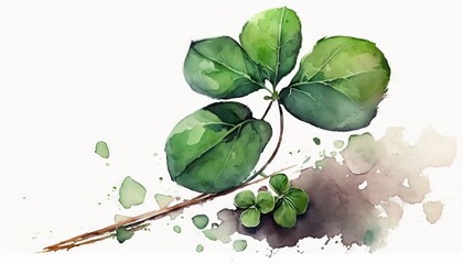 Sticker -  a watercolor painting of a leafy plant with green leaves on a white background with a brown stem and green leaves on the top of the plant.  generative ai