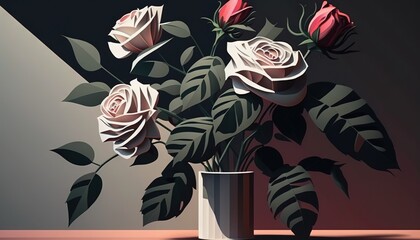 Sticker -  a painting of roses in a vase on a table with a shadow of a wall in the background and a black wall in the background.  generative ai