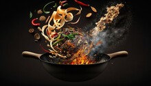  a wok filled with lots of food cooking on top of a black tablecloth covered in spices and other ingredients, with a wooden spoon in front of the wok.  generative ai
