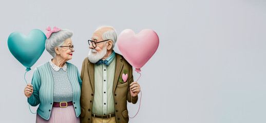 Poster - an elderly couple holding balloons in their hands look at each other. Generative AI.