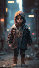 Poster - little boy standing in the middle of a street. Generative AI.