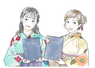 Women in hakama, graduation ceremony illustration.