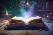 Open Magic Spell Book With A Magical Plume Glowing Around On Wooden Table. Esoteric Crystal Ritual For Home Protection, Witchcraft. Generative AI Technology.
