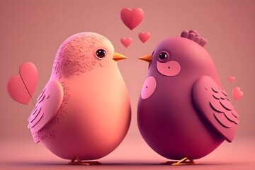 Wall Mural - Illustration of a cute couple of birds in love, valentines day concept. Generative AI.