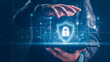 © Looker_Studio - Cybersecurity and privacy concepts to protect data. shield icon and internet network security technology. Businessman protecting personal data on tablet with virtual screen interfaces. cyber security.