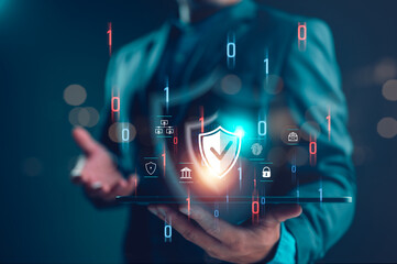 Leinwandbilder - Cybersecurity and privacy concepts to protect data. shield icon and internet network security technology. Businessman protecting personal data on tablet with virtual screen interfaces. cyber security.