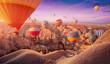 © Parilov - Concept travel discoverer. Hiker man in hat on mountain background hot air balloons Cappadocia Turkey. Amazing adventure photo from aerial drone view