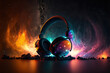 © olgakudryashova - Concept headphones on the colored cosmic background. Generative Ai